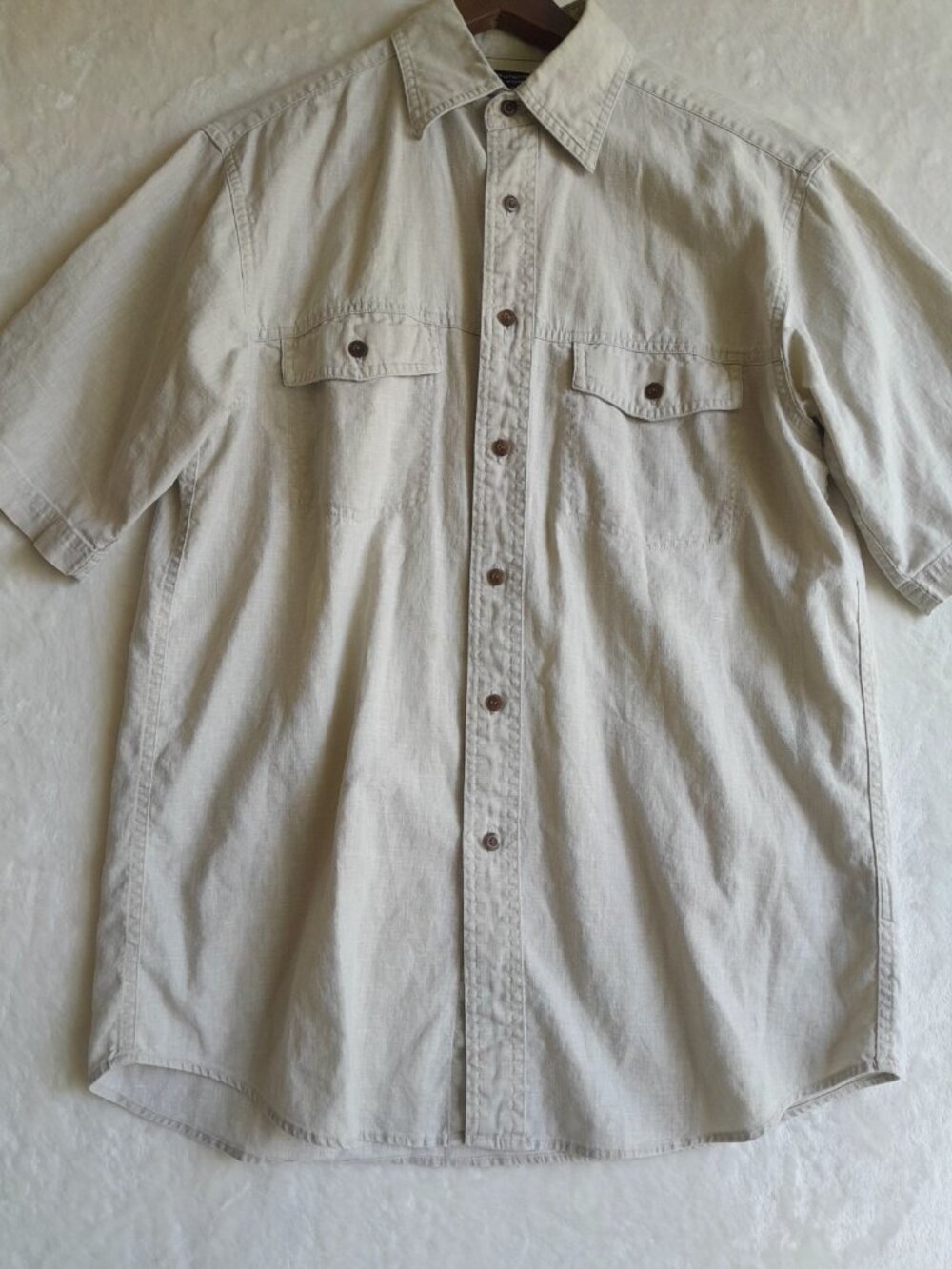 Mens Linen Blend Shirt Short Sleeve Casual Vacation Resort Beach Size Small Tan